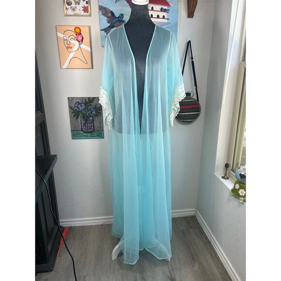 60s- Pandora- Sheer Lingerie Sky blue- Long Maxi Night Gown Robe Large Nylon - Picture 1 of 9
